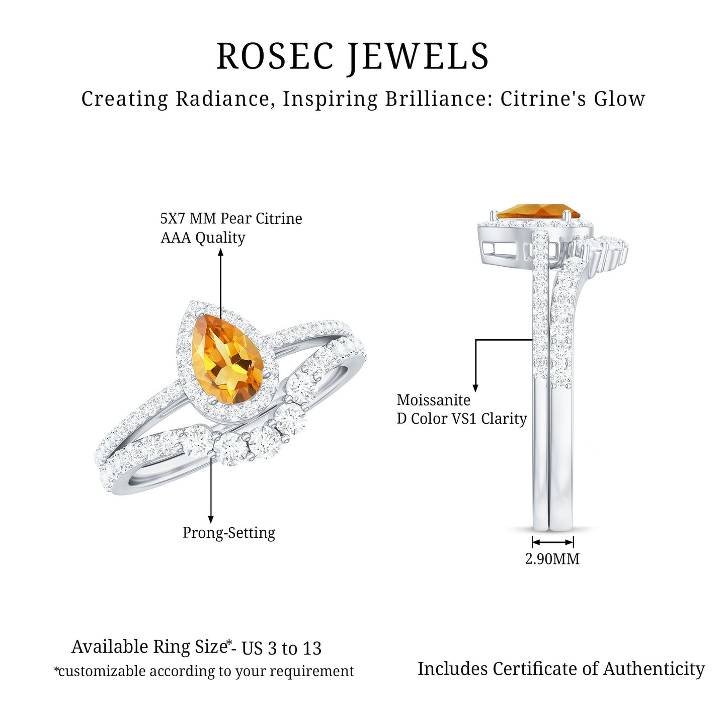 Natural Citrine Teardrop Engagement Ring with Wedding Band