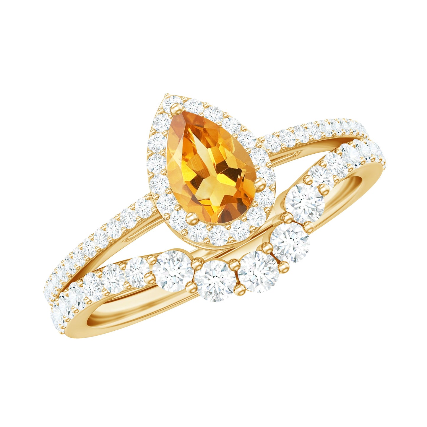 Natural Citrine Teardrop Engagement Ring with Wedding Band