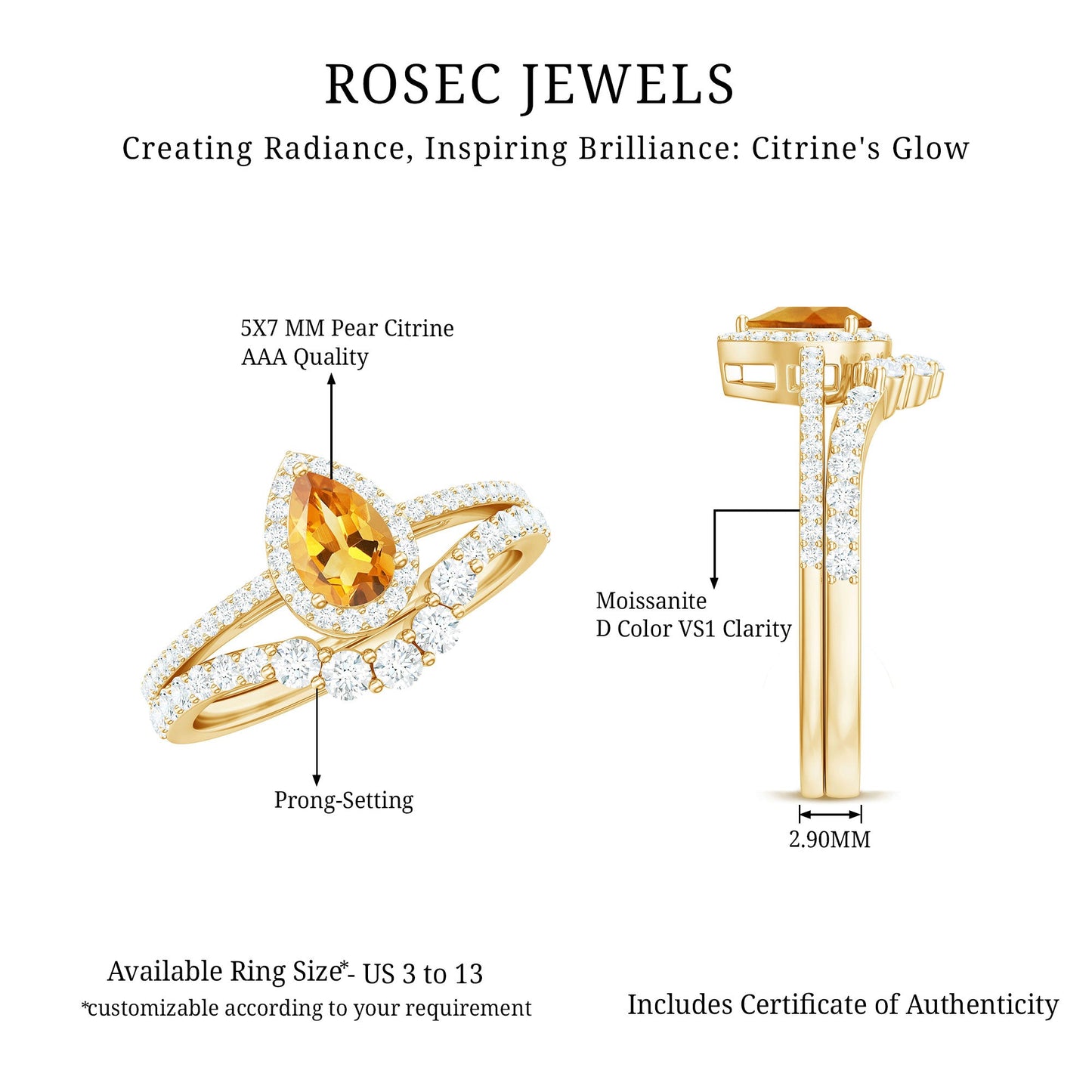 Natural Citrine Teardrop Engagement Ring with Wedding Band