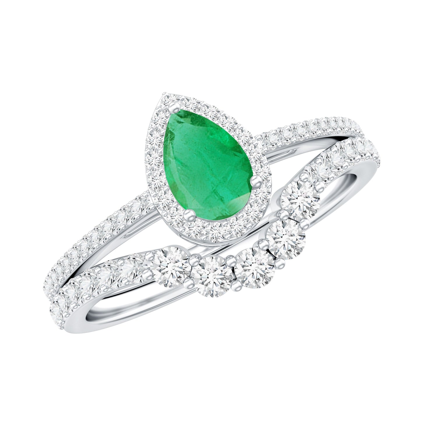 Natural Emerald Diamond Pear Shaped Engagement Wedding Ring Set of 2