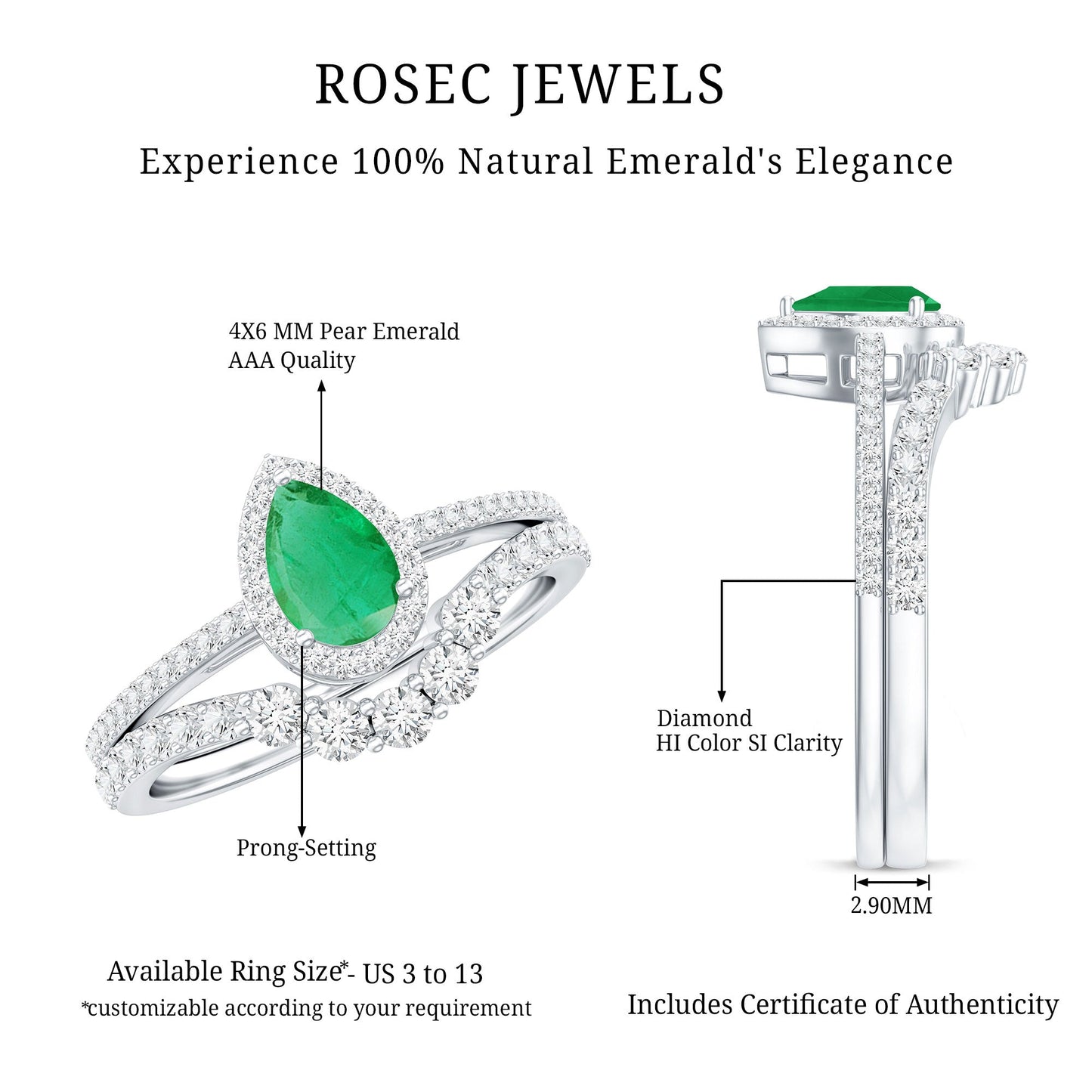 Natural Emerald Diamond Pear Shaped Engagement Wedding Ring Set of 2