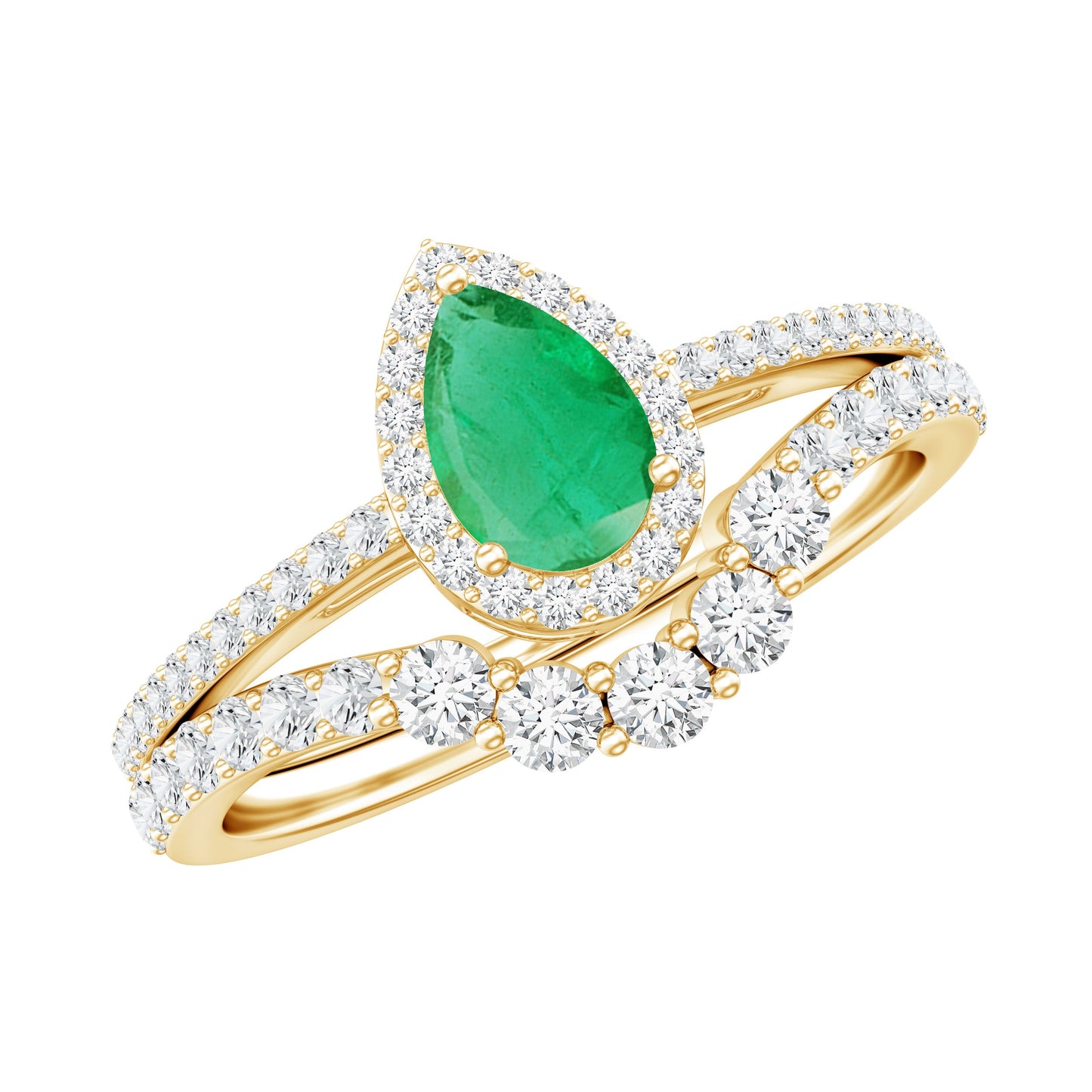 Natural Emerald Diamond Pear Shaped Engagement Wedding Ring Set of 2