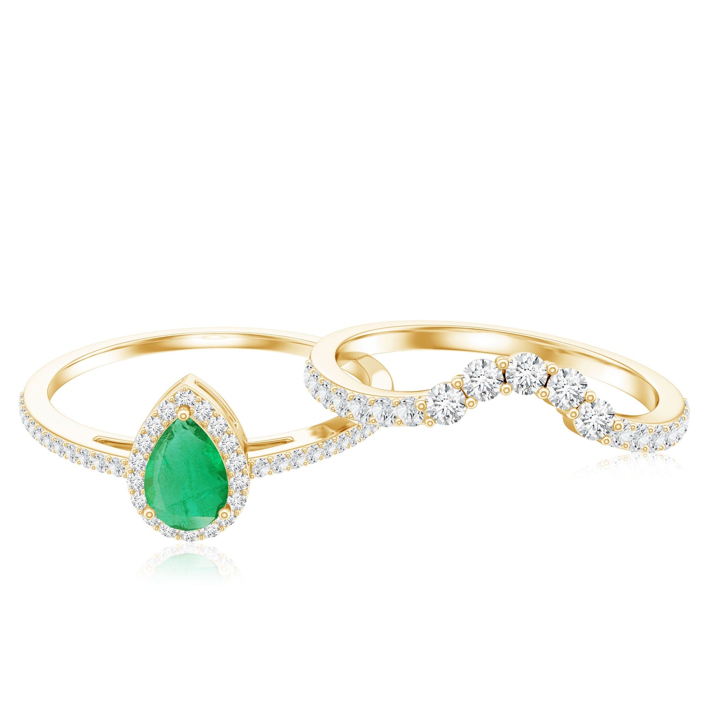 Natural Emerald Diamond Pear Shaped Engagement Wedding Ring Set of 2