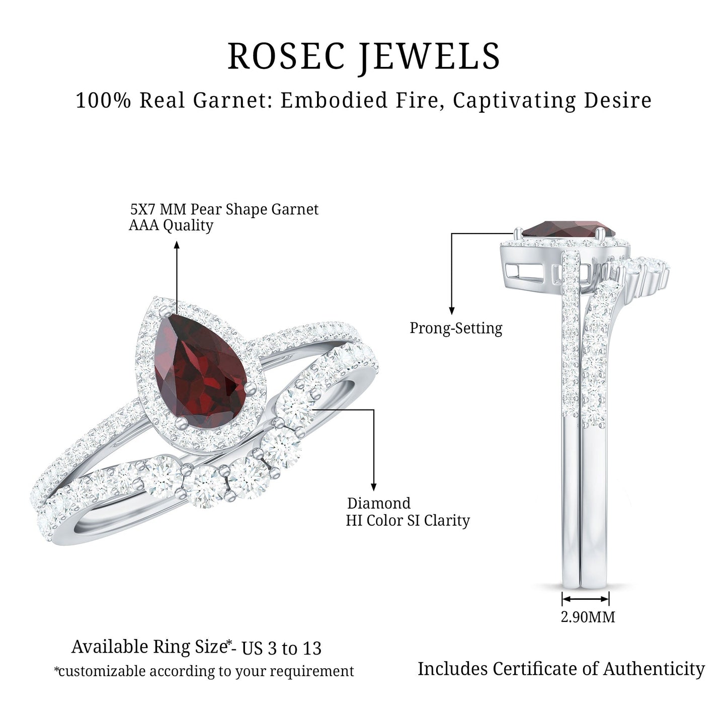 Natural 5X7mm Pear Shape Garnet Diamond Wedding Engagement Ring Set