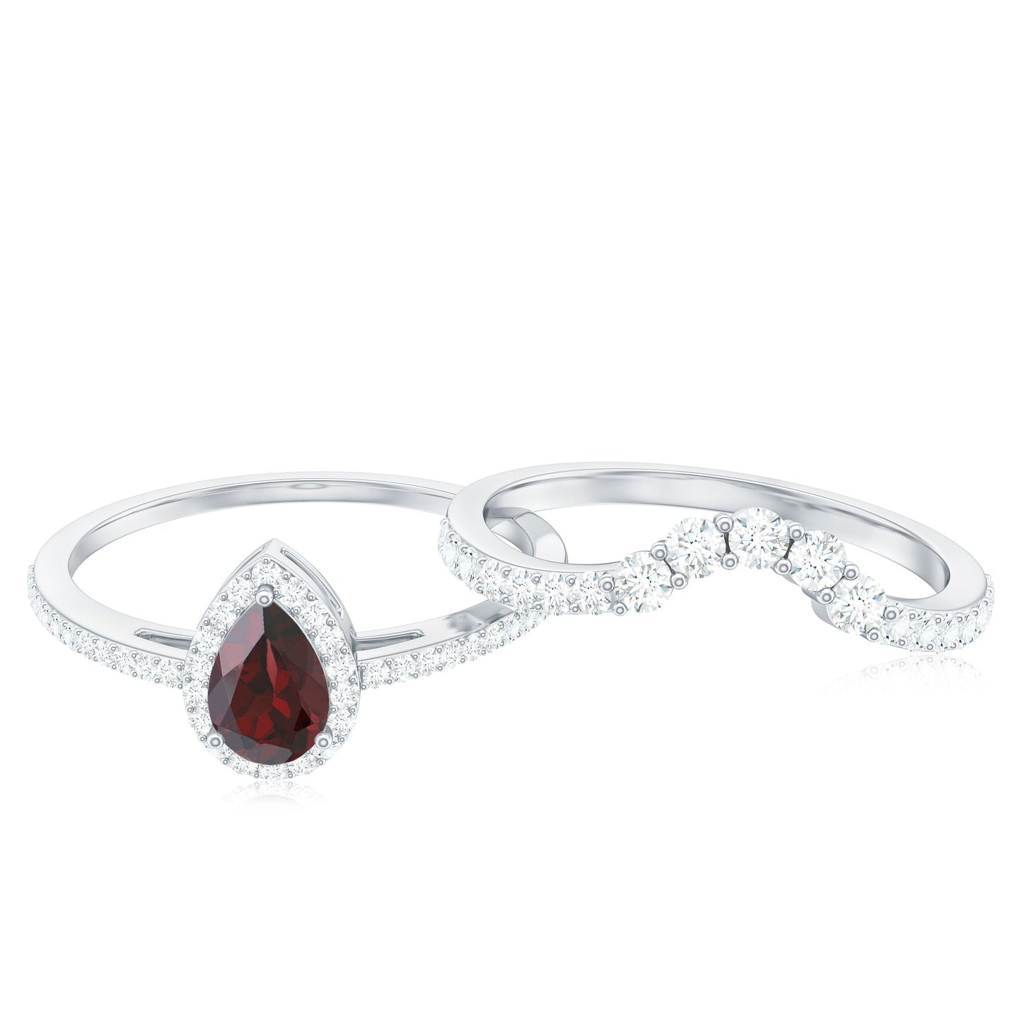 Natural 5X7mm Pear Shape Garnet Diamond Wedding Engagement Ring Set