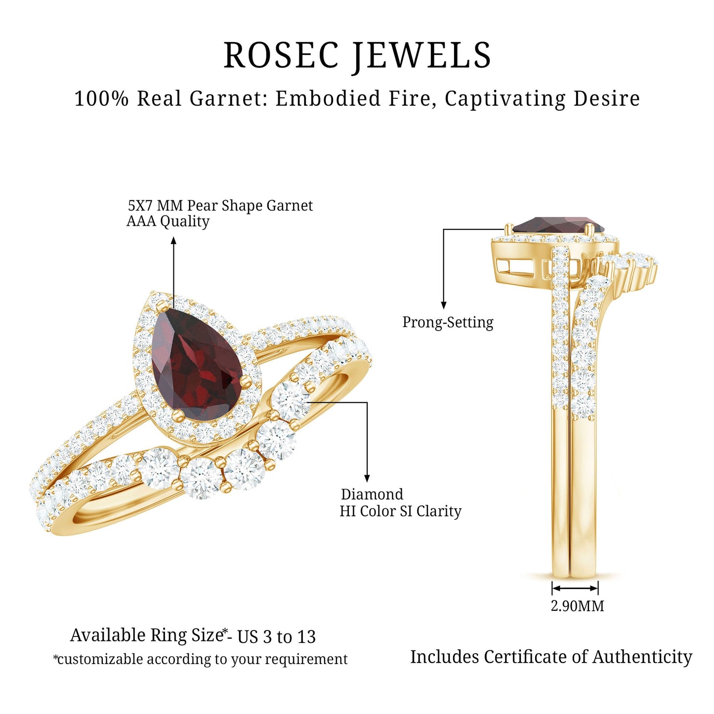 Natural 5X7mm Pear Shape Garnet Diamond Wedding Engagement Ring Set