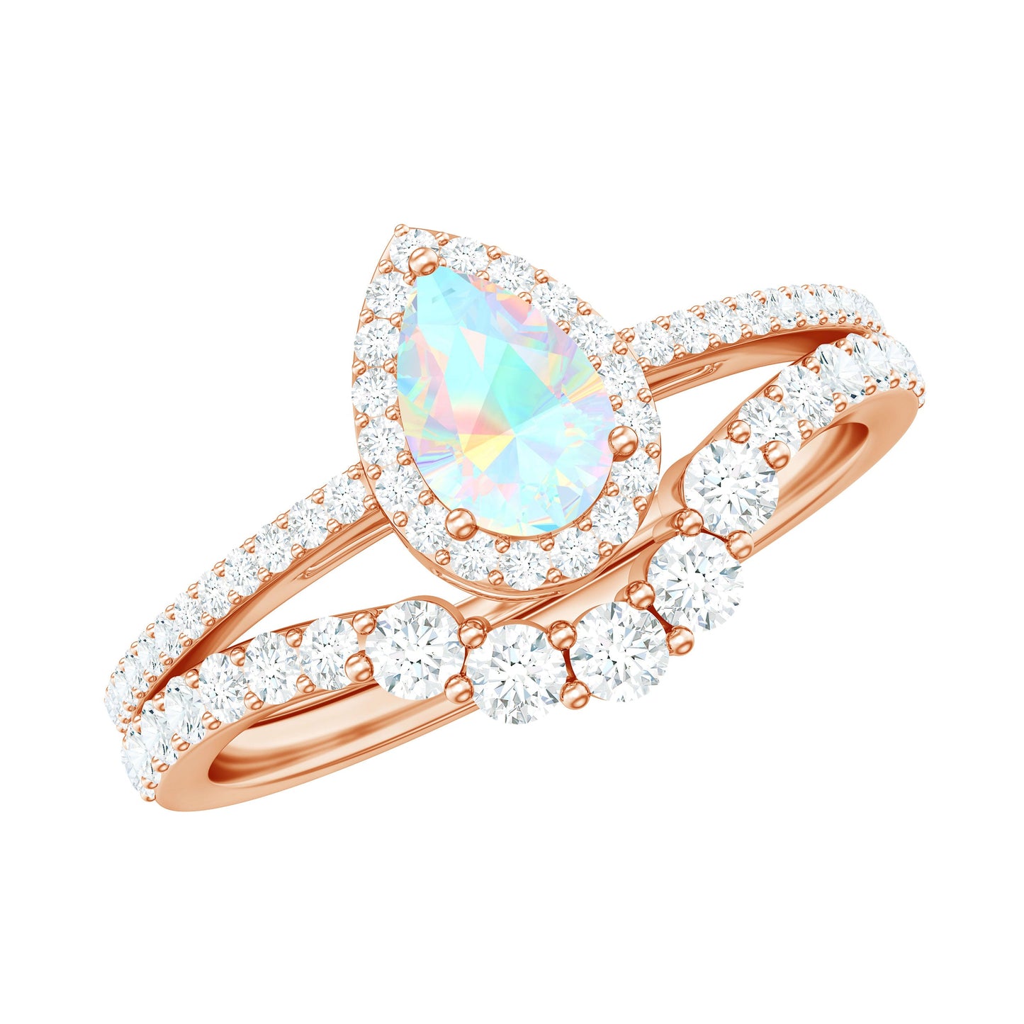 Certified Natural Ethiopian Opal Teardrop Wedding Engagement Ring Set of 2