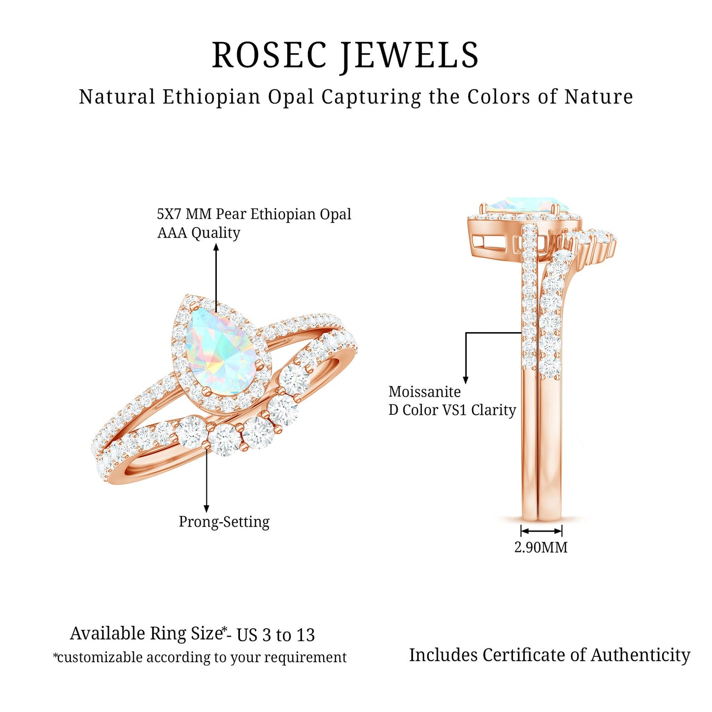 Certified Natural Ethiopian Opal Teardrop Wedding Engagement Ring Set of 2
