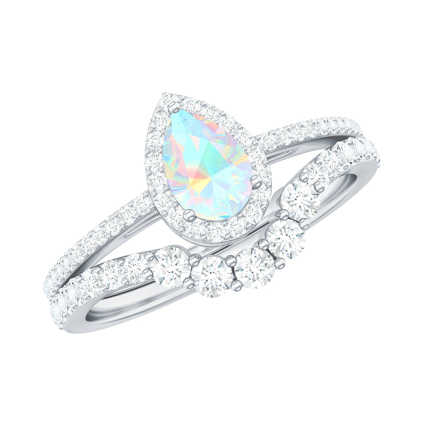 Certified Natural Ethiopian Opal Teardrop Wedding Engagement Ring Set of 2