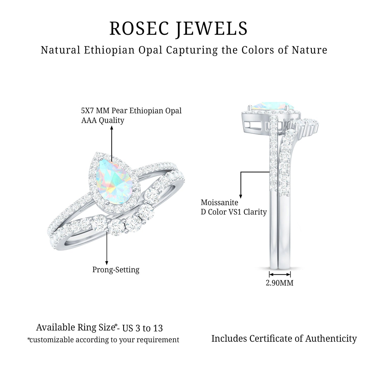 Certified Natural Ethiopian Opal Teardrop Wedding Engagement Ring Set of 2