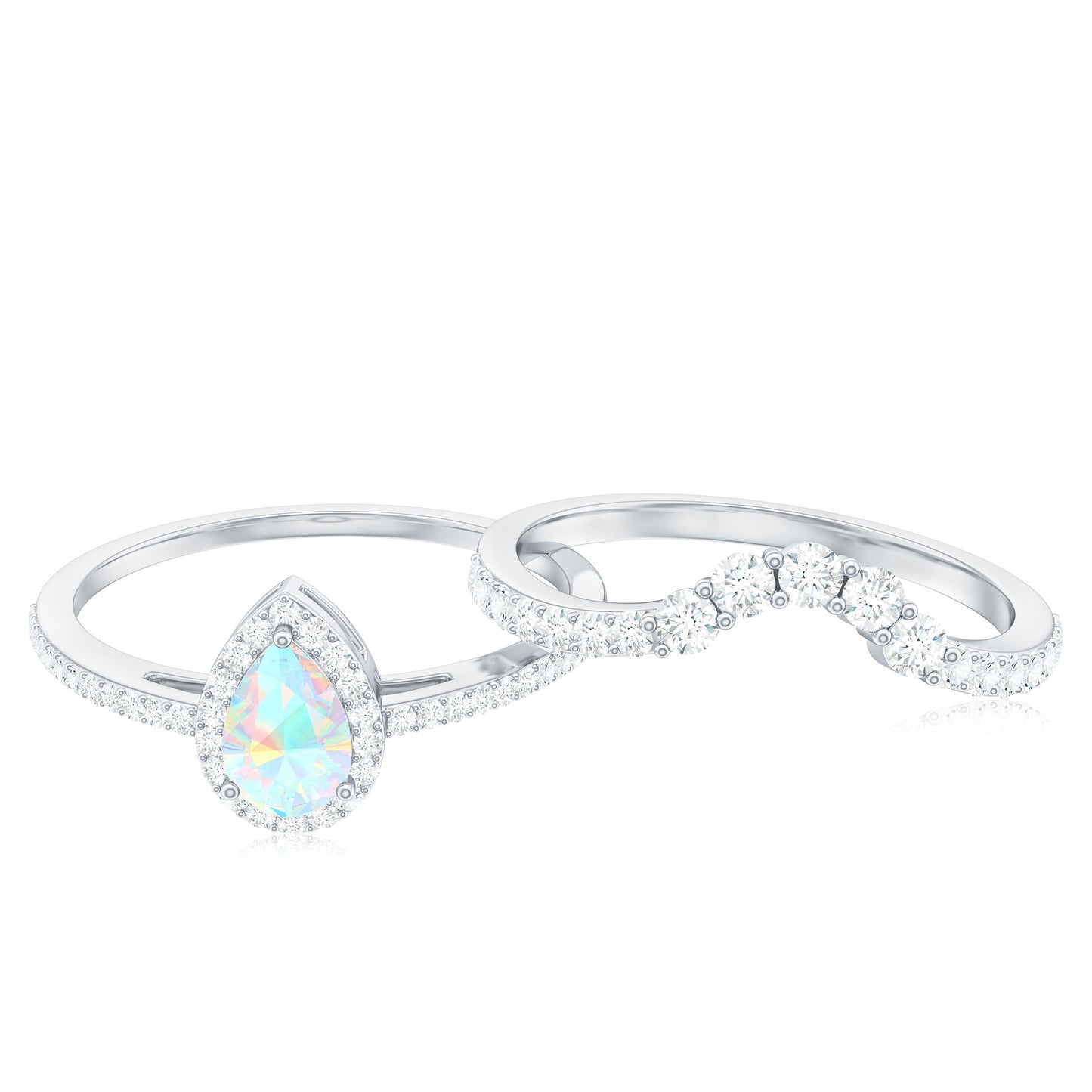 Certified Natural Ethiopian Opal Teardrop Wedding Engagement Ring Set of 2