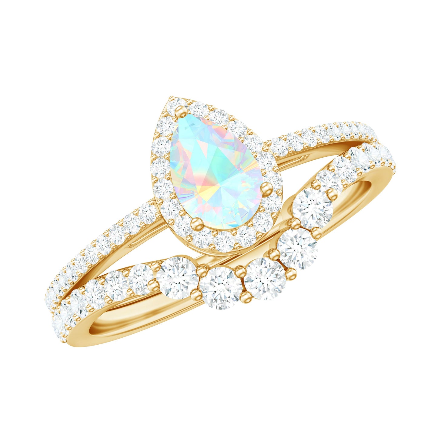 Certified Natural Ethiopian Opal Teardrop Wedding Engagement Ring Set of 2