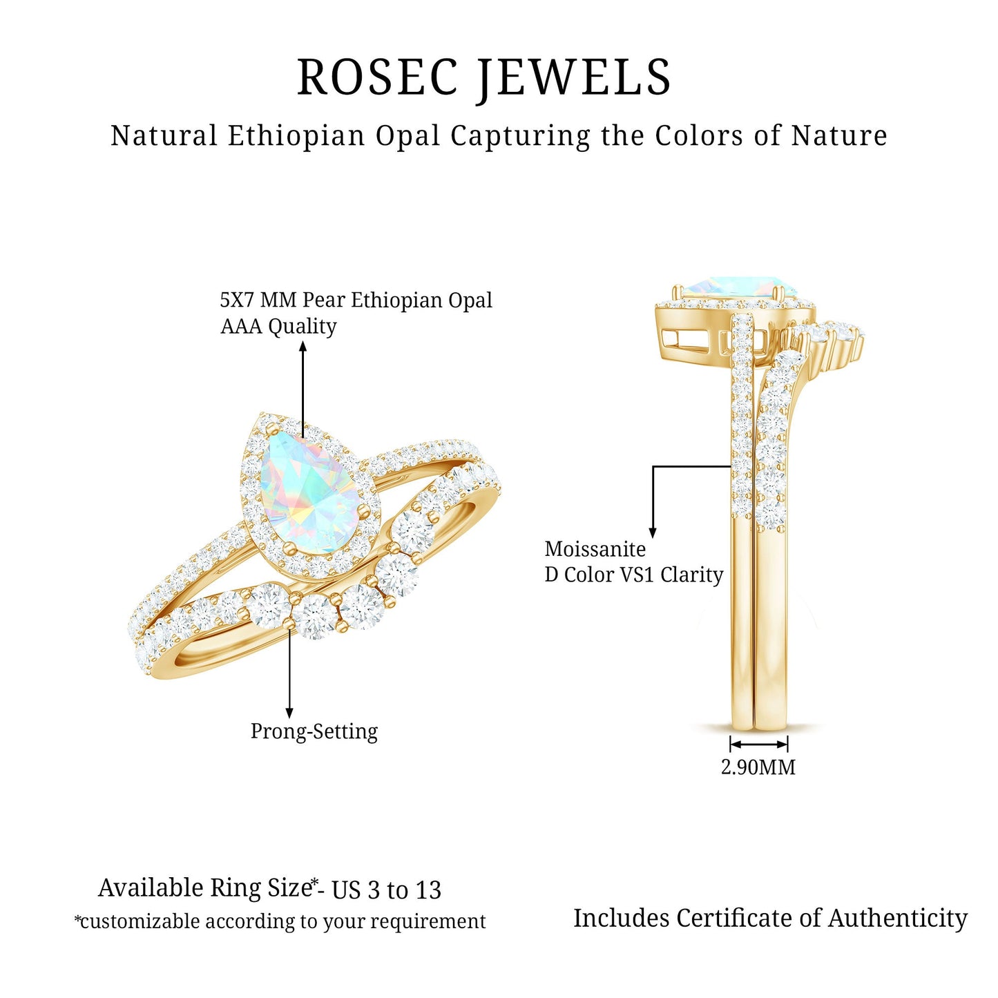 Certified Natural Ethiopian Opal Teardrop Wedding Engagement Ring Set of 2