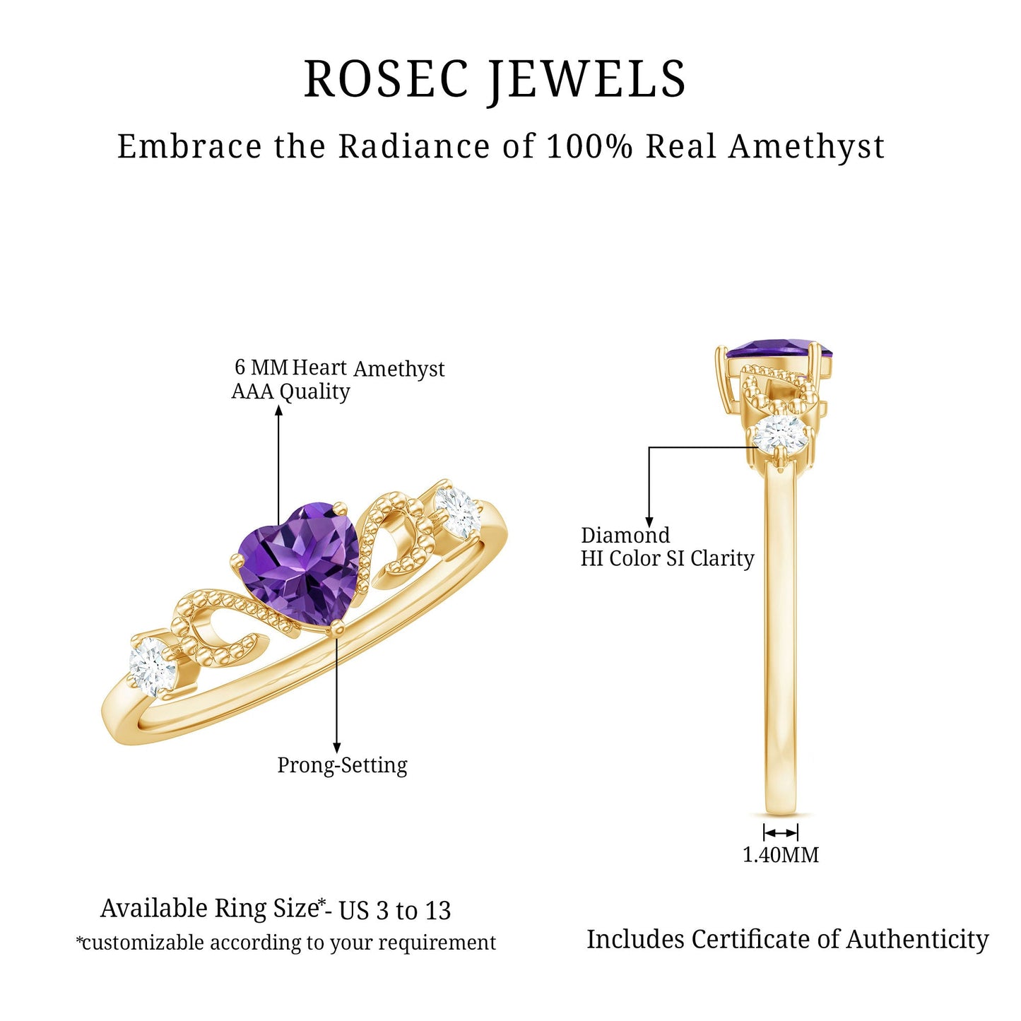 Real Amethyst Heart Promise Ring with Diamond