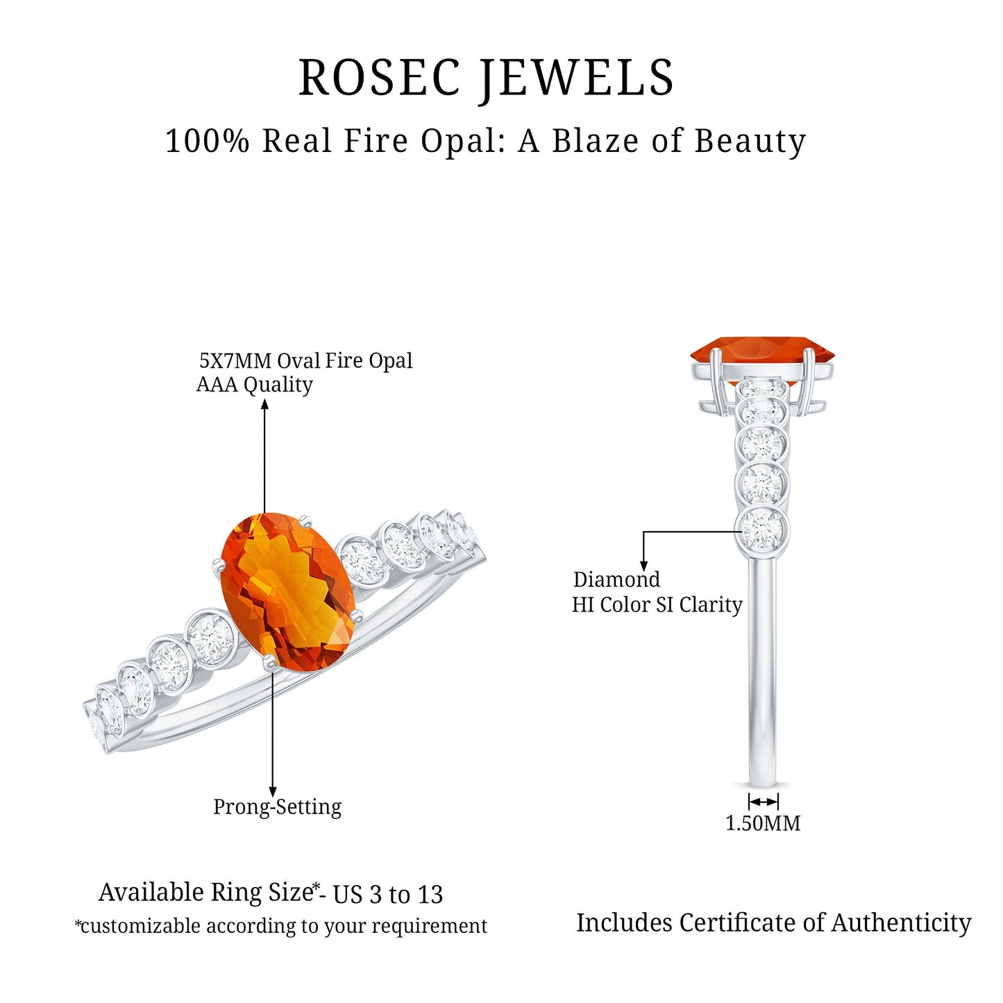 1 CT Oval Fire Opal Solitaire Engagement Ring with Diamond