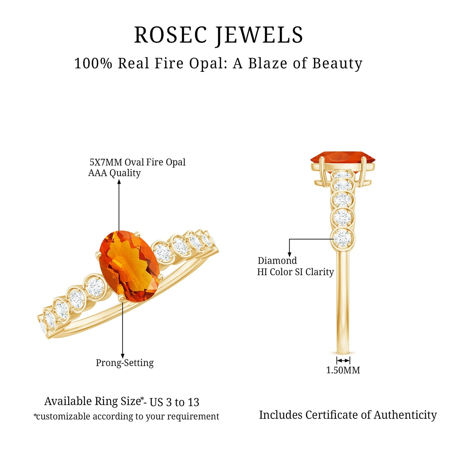 1 CT Oval Fire Opal Solitaire Engagement Ring with Diamond