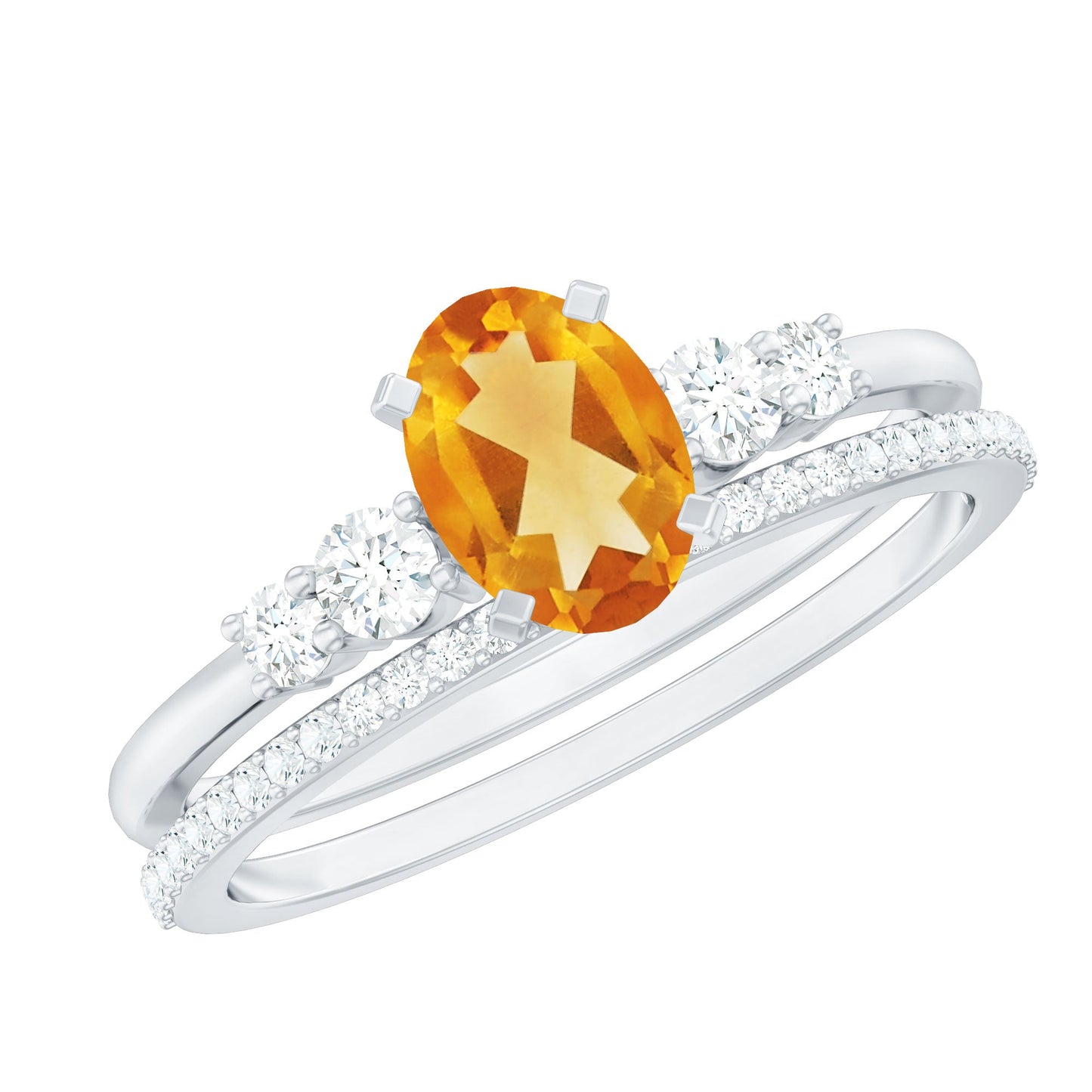 Natural Oval Citrine Diamond Wedding Bridal Ring Set of 2