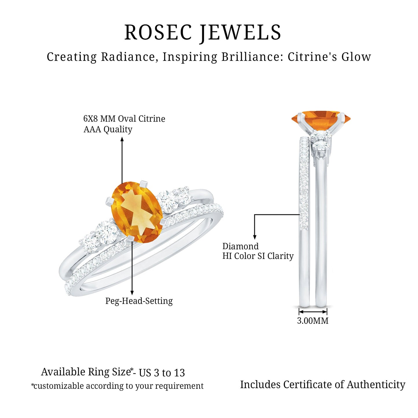 Natural Oval Citrine Diamond Wedding Bridal Ring Set of 2
