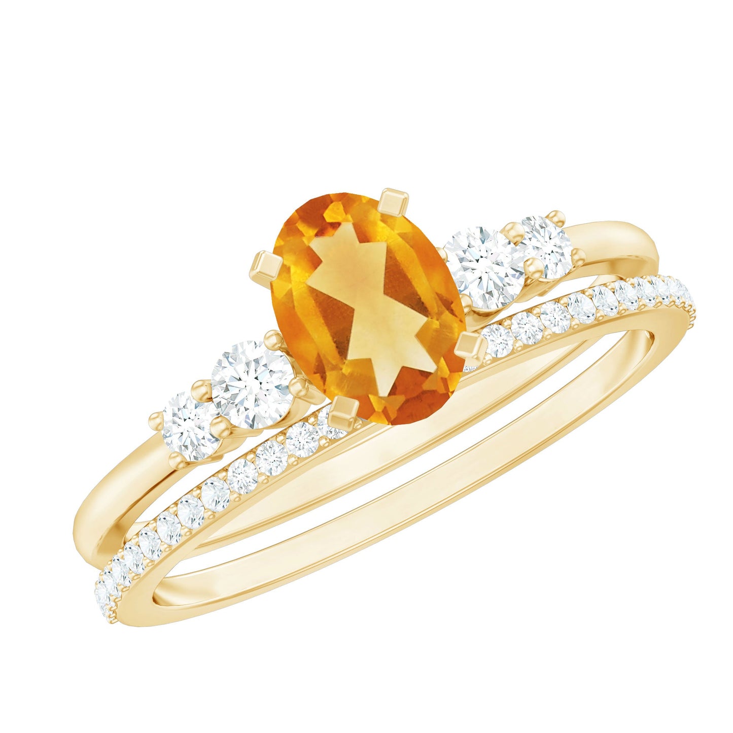 Natural Oval Citrine Diamond Wedding Bridal Ring Set of 2