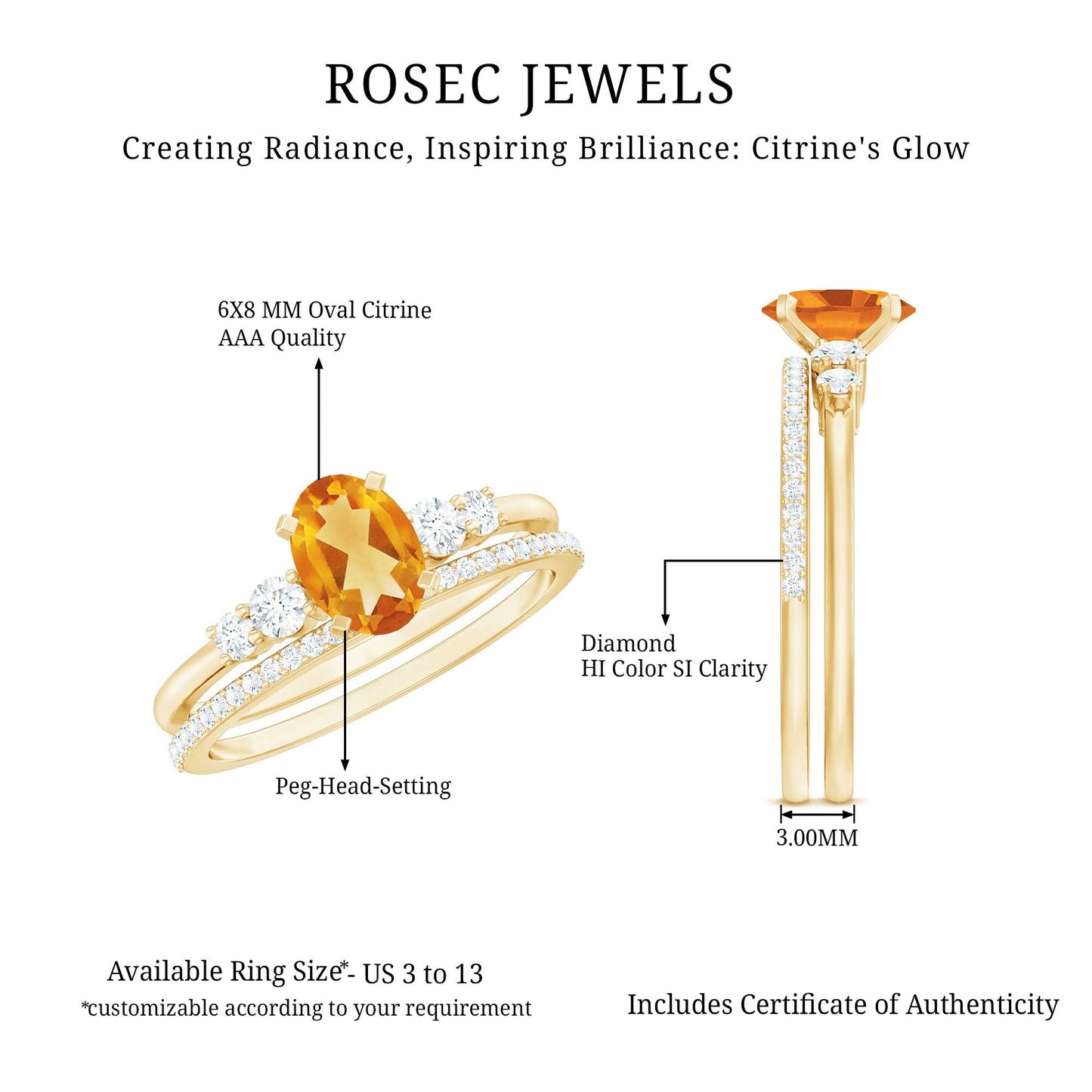 Natural Oval Citrine Diamond Wedding Bridal Ring Set of 2