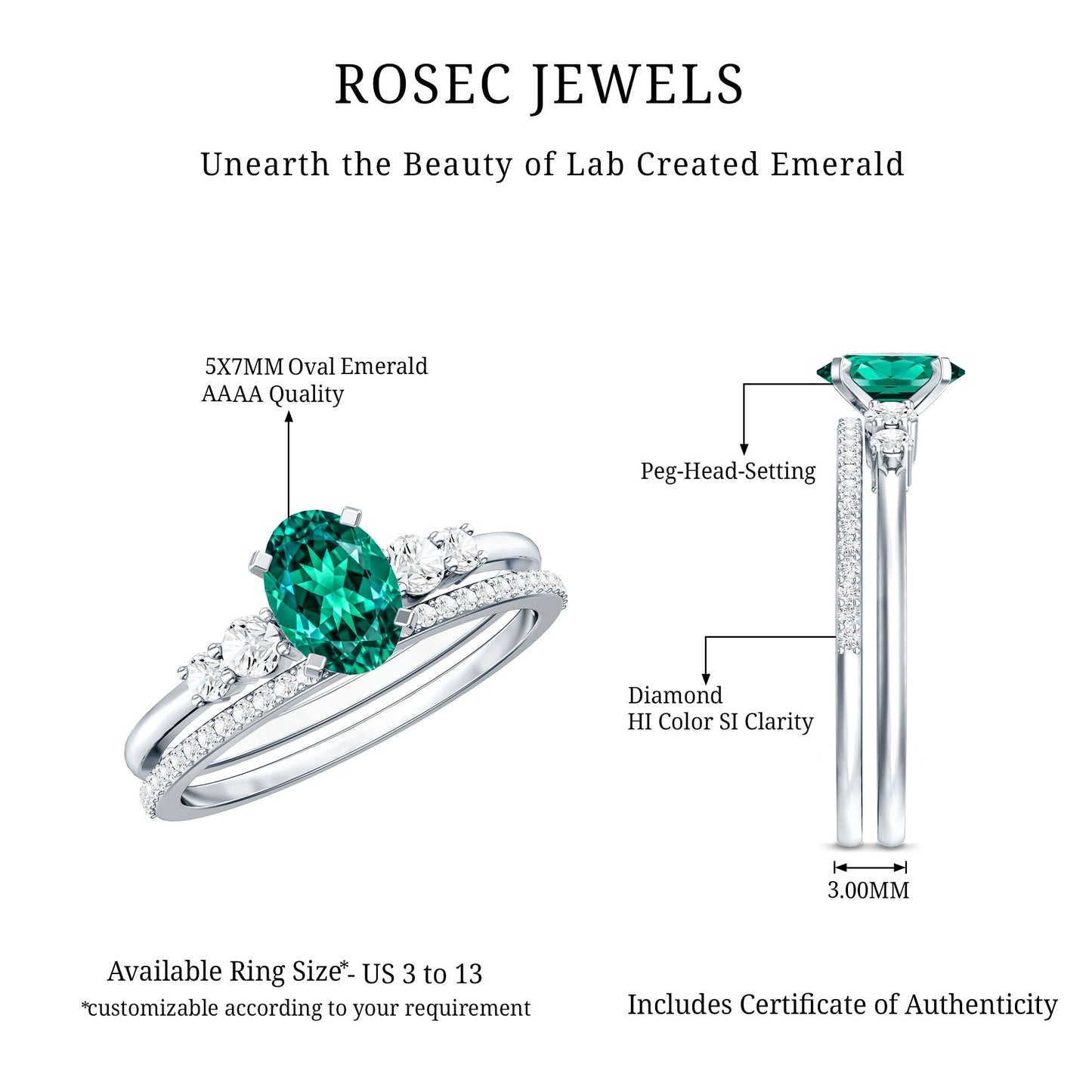 Certified Oval Lab Grown Emerald Diamond Engagement Ring Set
