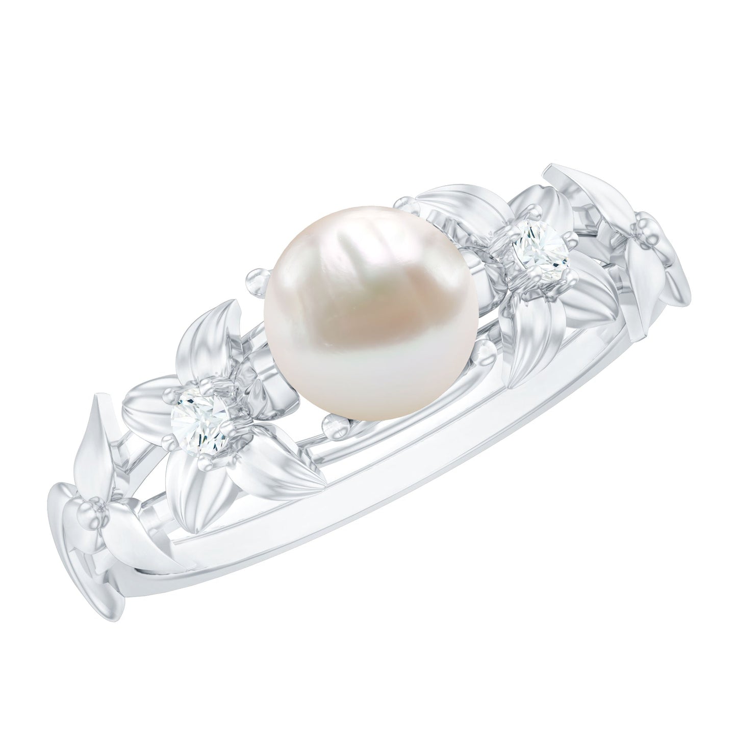 Cultured 2 Carat White Pearl Flower Engagement Ring with Diamonds