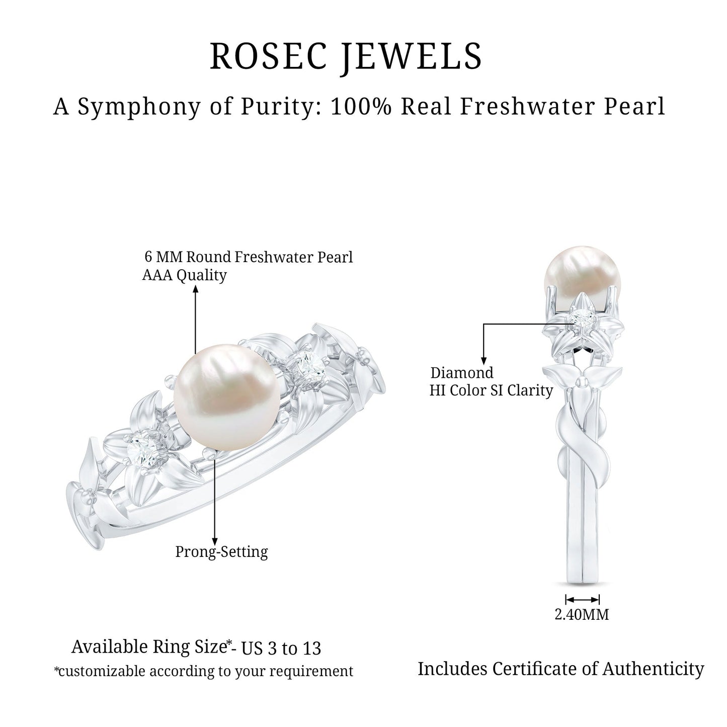 Cultured 2 Carat White Pearl Flower Engagement Ring with Diamonds