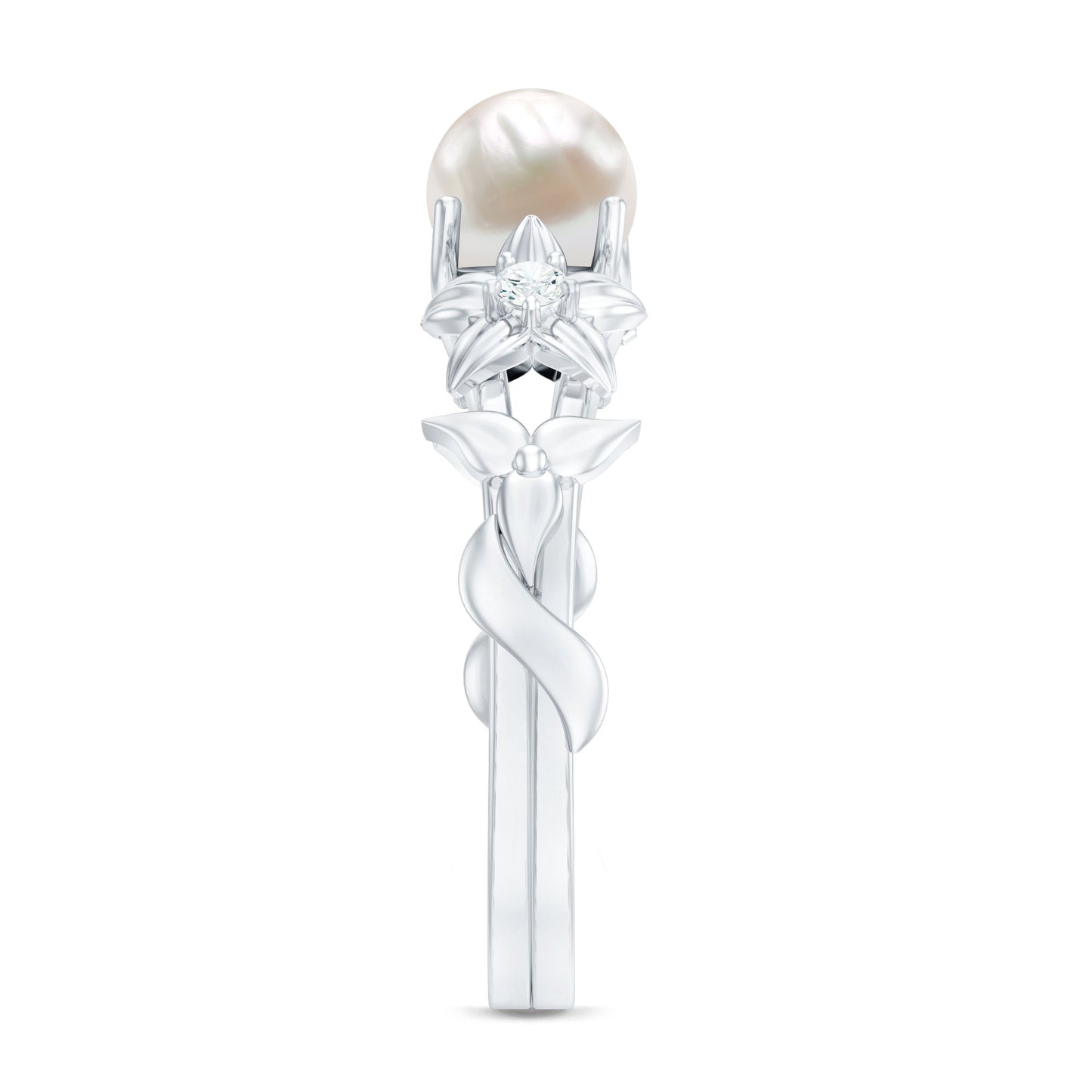 Cultured 2 Carat White Pearl Flower Engagement Ring with Diamonds