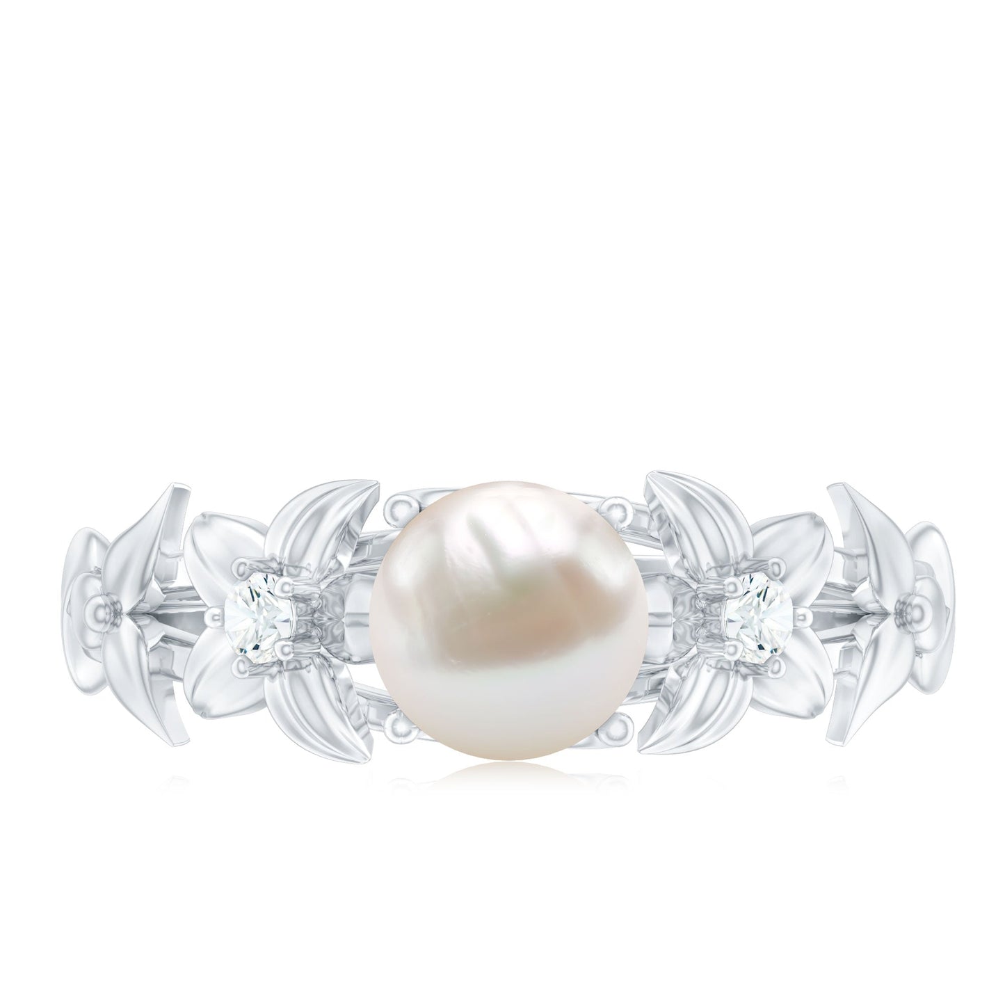 Cultured 2 Carat White Pearl Flower Engagement Ring with Diamonds