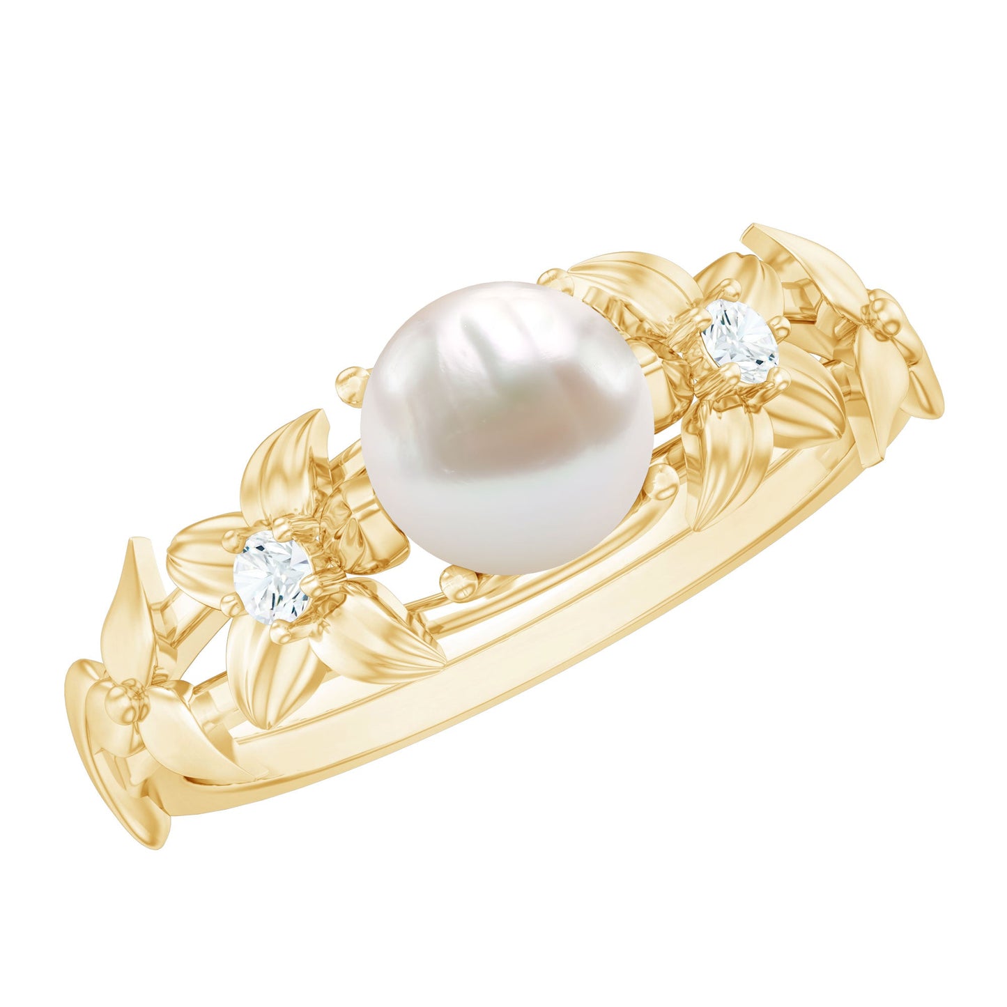 Cultured 2 Carat White Pearl Flower Engagement Ring with Diamonds