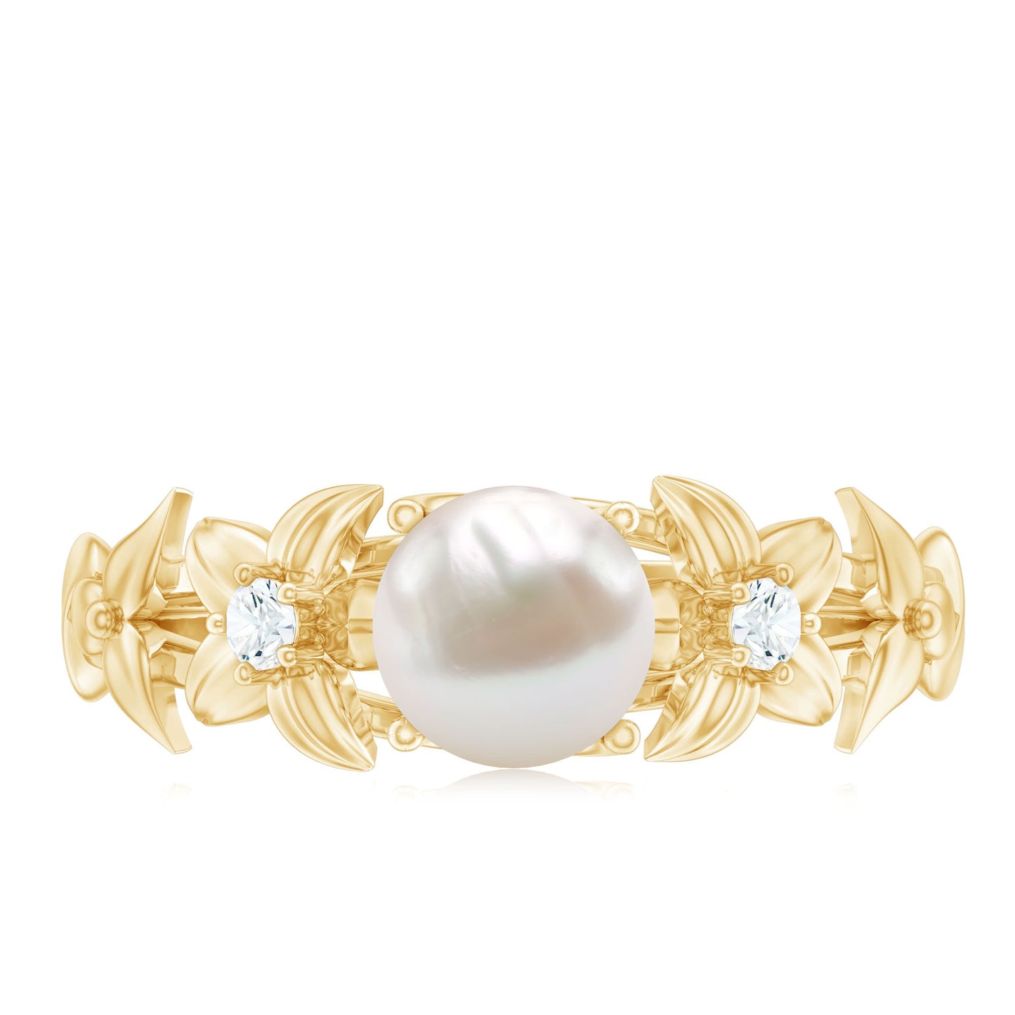 Cultured 2 Carat White Pearl Flower Engagement Ring with Diamonds