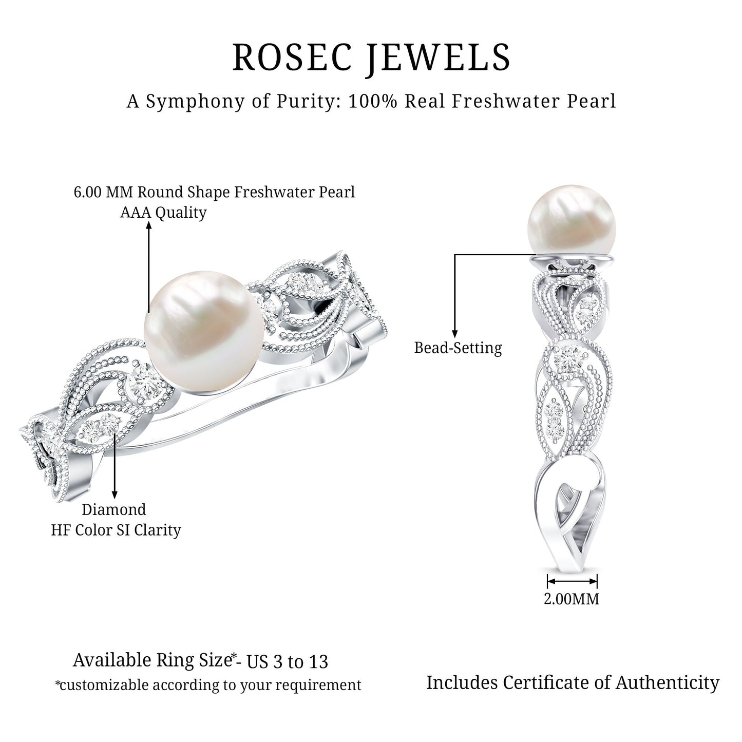 2 Carat Freshwater Pearl Vintage Looking Engagement Ring with Diamond