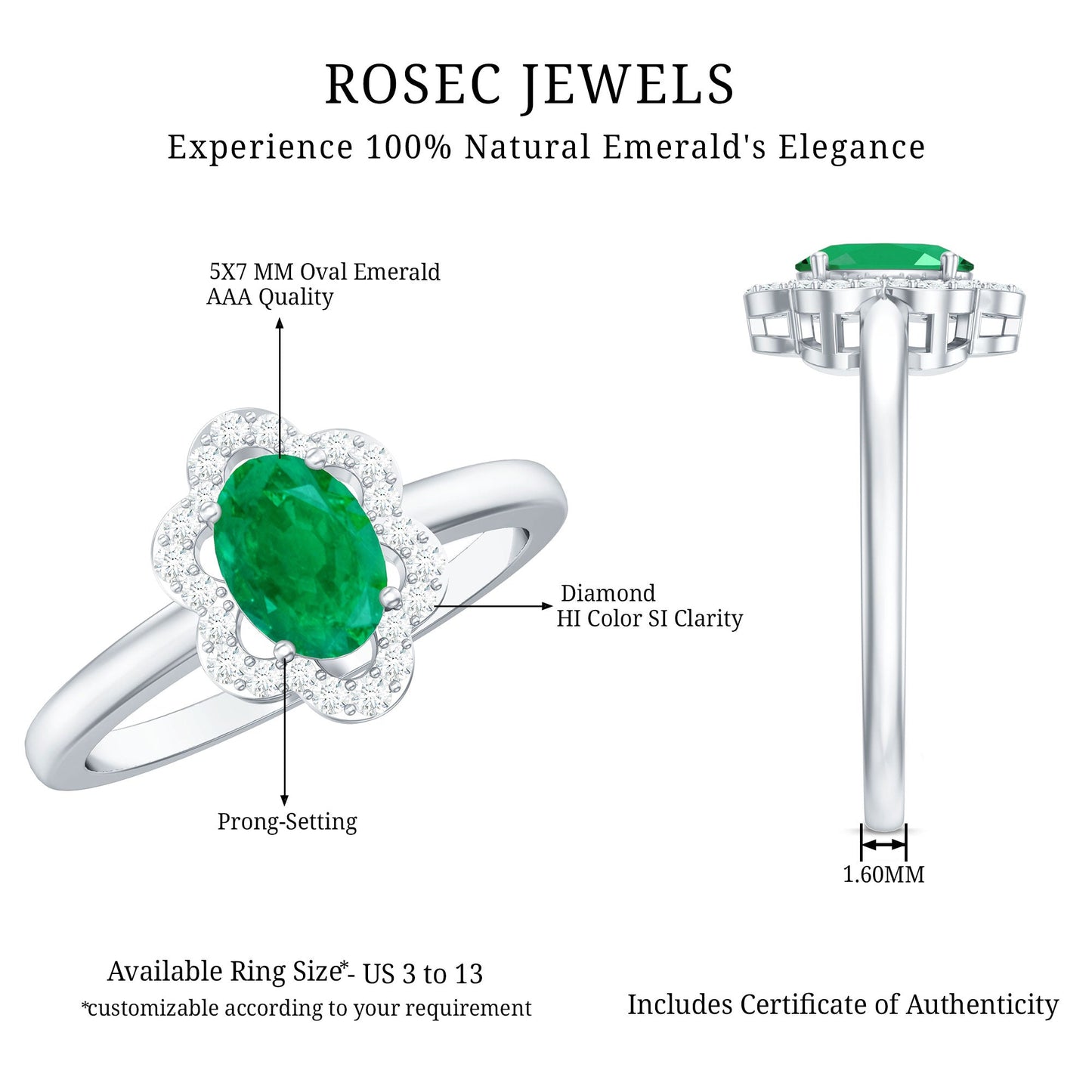 Natural 5X7mm Oval Emerald Engagement Ring with Diamond