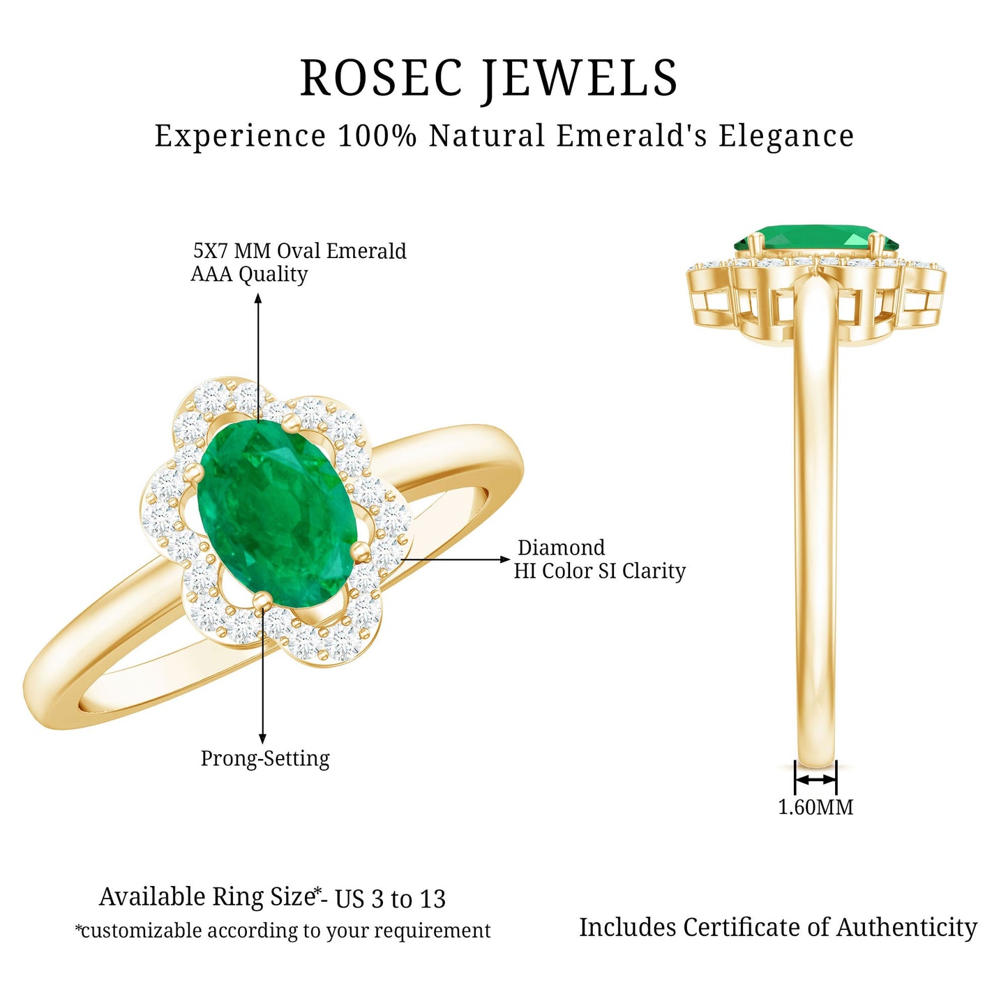 Natural 5X7mm Oval Emerald Engagement Ring with Diamond