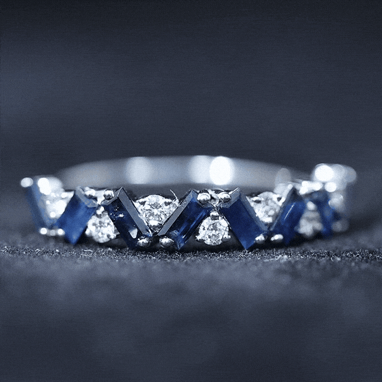 Baguette Cut Natural Blue Sapphire and Moissanite Half Eternity Ring