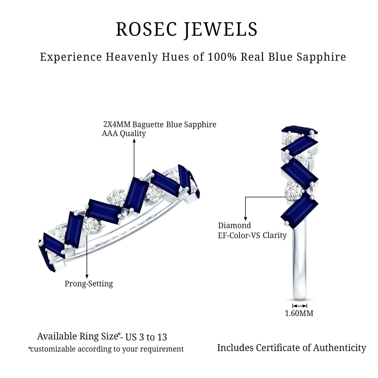 Baguette Cut Natural Blue Sapphire and Moissanite Half Eternity Ring