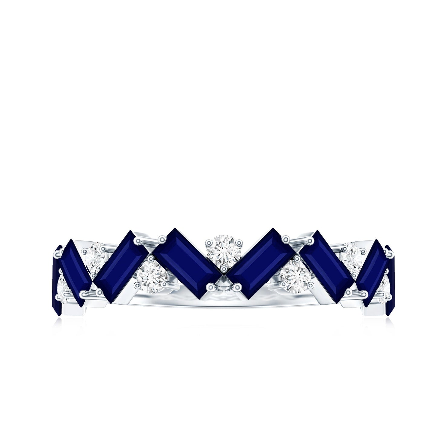 Baguette Cut Natural Blue Sapphire and Moissanite Half Eternity Ring
