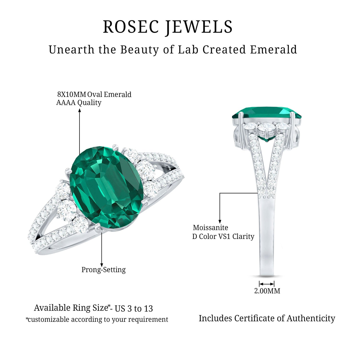 Certified 8X10 mm Oval Lab Grown Emerald Split Shank Engagement Ring