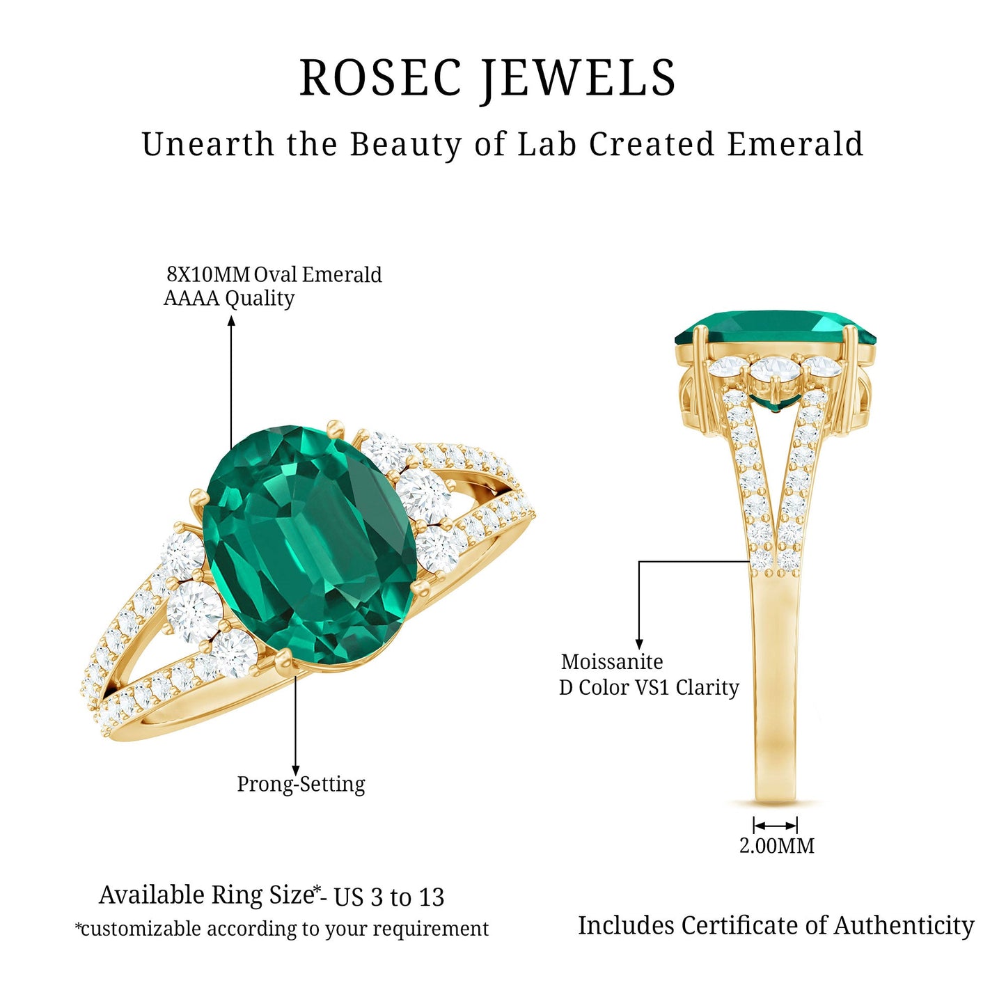 Certified 8X10 mm Oval Lab Grown Emerald Split Shank Engagement Ring