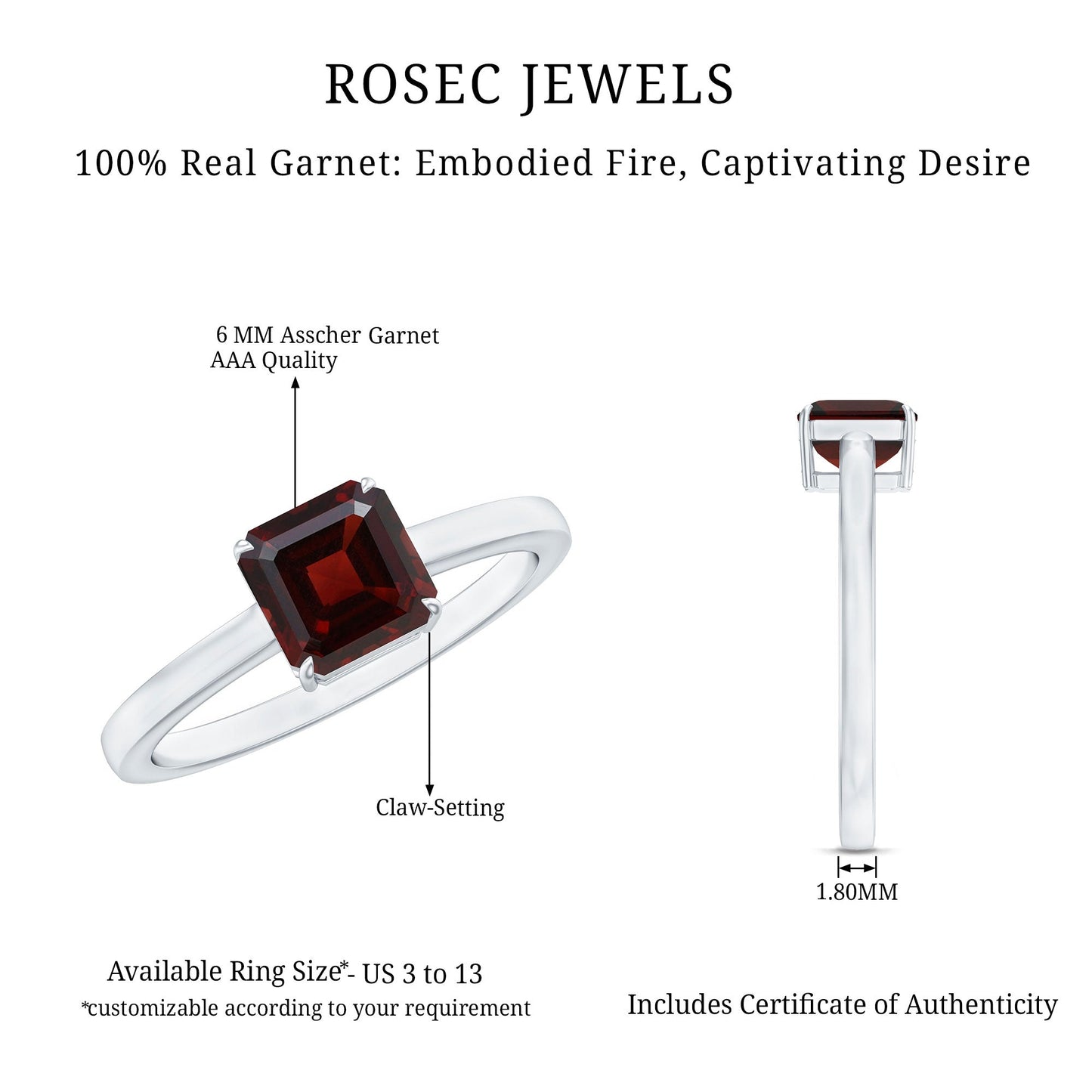 Real 8mm Garnet Asscher Cut Engagement Ring with Certificate