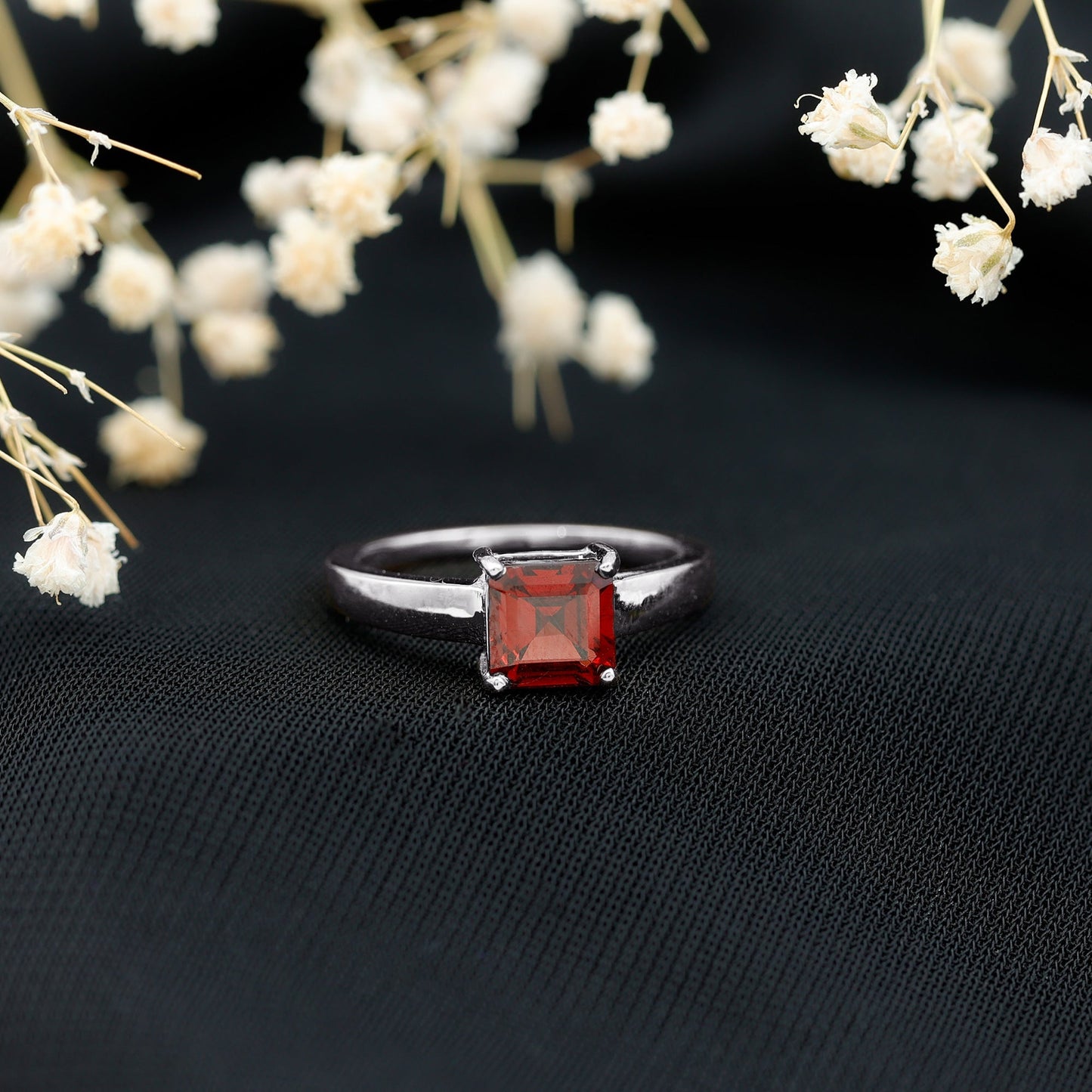 Real 8mm Garnet Asscher Cut Engagement Ring with Certificate