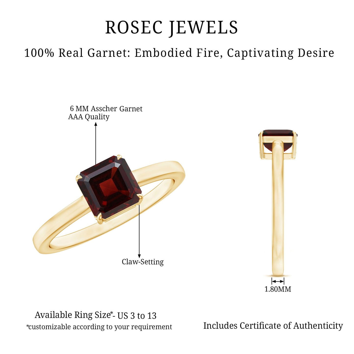 Real 8mm Garnet Asscher Cut Engagement Ring with Certificate