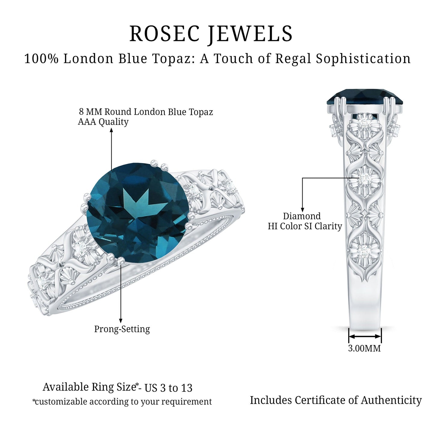 8mm Round London Blue Topaz Vintage Engagement Ring with Certificate