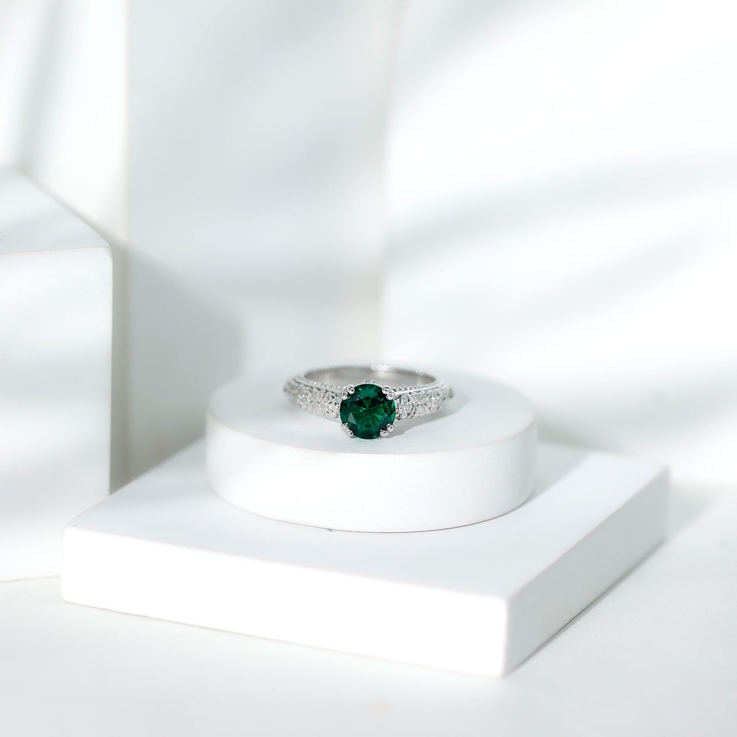 8 mm Round Lab Created Emerald Antique Looking Engagement Ring with Diamond