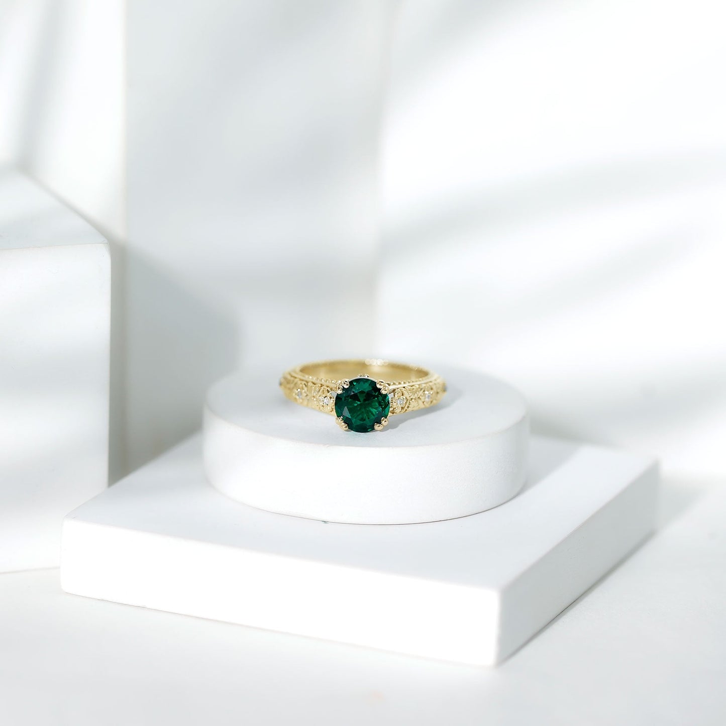 8 mm Round Lab Created Emerald Antique Looking Engagement Ring with Diamond