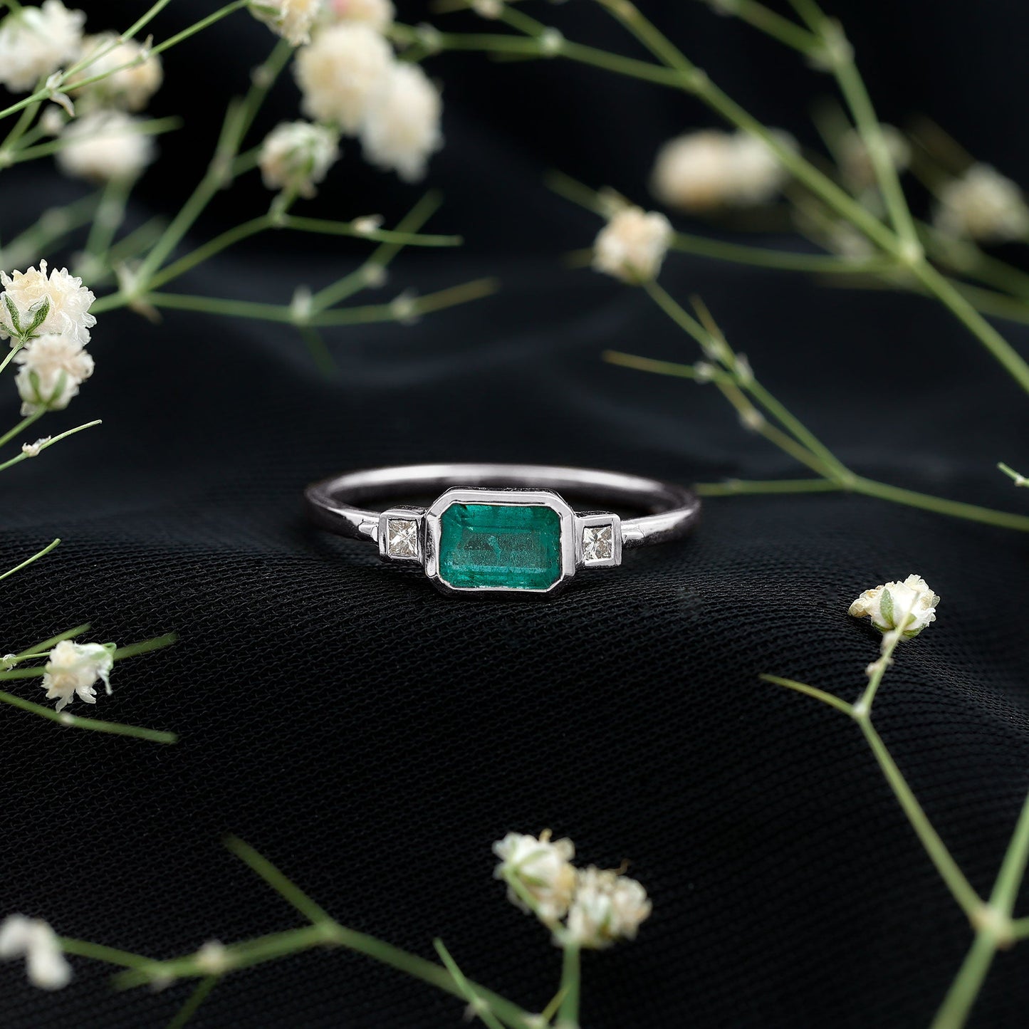 Octagon shape Emerald and Diamond East-West Promise Ring in Bezel Setting