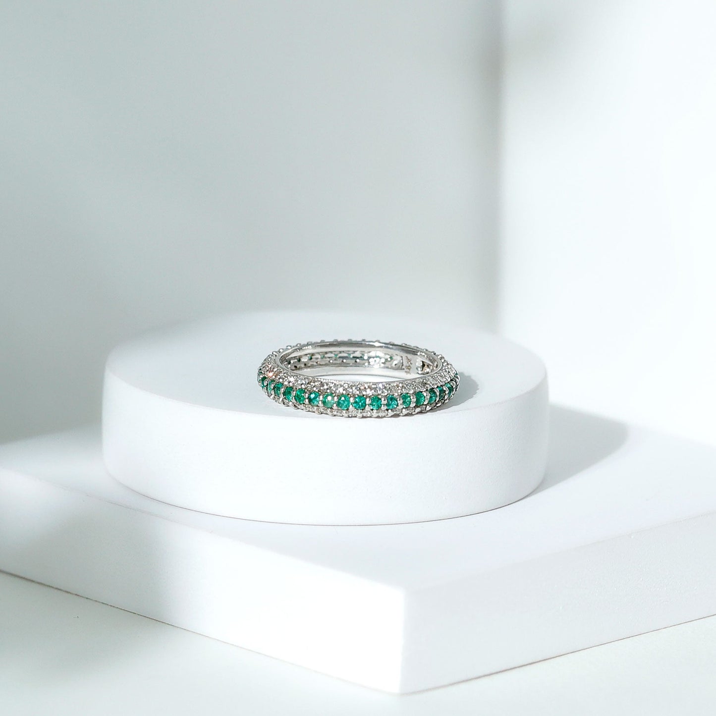 Genuine Emerald and Diamond Three Row Wedding Band