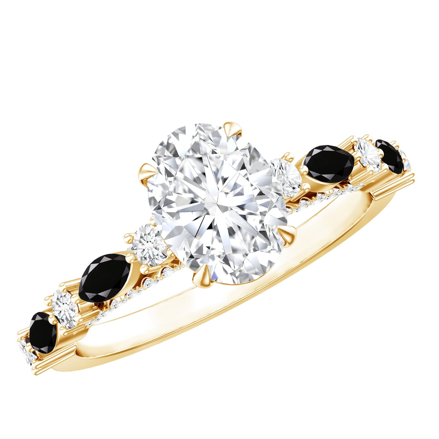 Certified Moissanite Oval Engagement Ring with Real Black Spinel