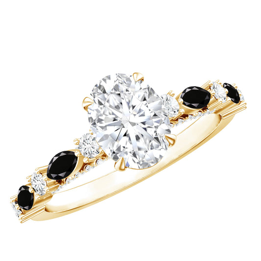 Certified Moissanite Oval Engagement Ring with Real Black Spinel