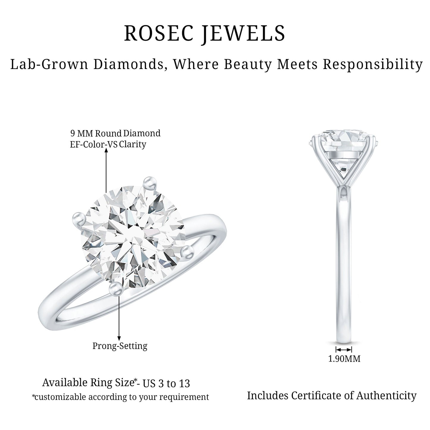 Certified 2.5 CT Lab Grown Diamond Solitaire Engagement Ring